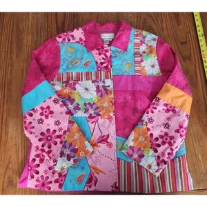 Diane Gilman Pink Patchwork Floral Embroidered Silk Cotton Jacket Size Large